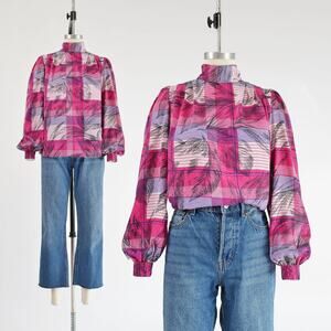 Vintage 80s Abstract Plaid Blouse Tie Neck Button Back Puff Sleeve Top XS S